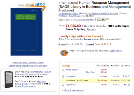 International Human Resource Management, whose hardcover edition retails for $1,050, sells for $47.96 as a Kindle e-book and rents for as little as $11 for 30 days, about $16 for 90 days, and about $21 for 180 days. The price for 360 days is $26.22.