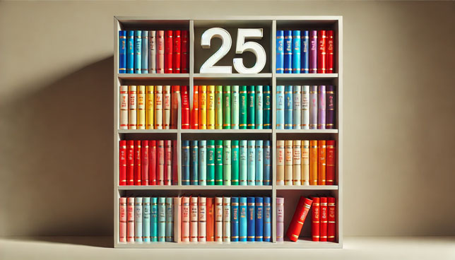 minimalist bookcase filled with textbooks featuring vibrant, solid-colored spines with no text, and a prominent number "25" displayed on one of the shelves