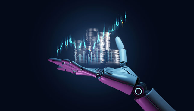 robot hand holding stacks of coins