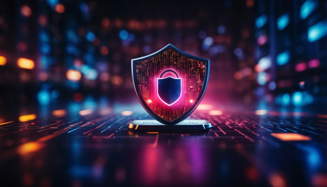 shield with padlock in front of abstract technology background