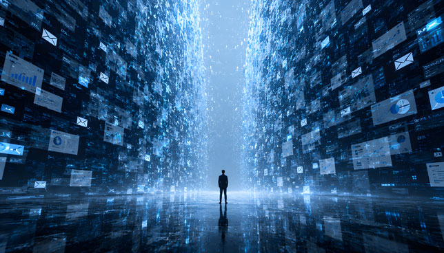 person standing beneath an enormous cascade of falling digital data, documents, numbers, charts, notifications