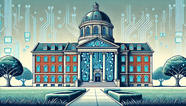 college building with a central domed rotunda, arched windows, and columns, overlaid with glowing blue circuit patterns