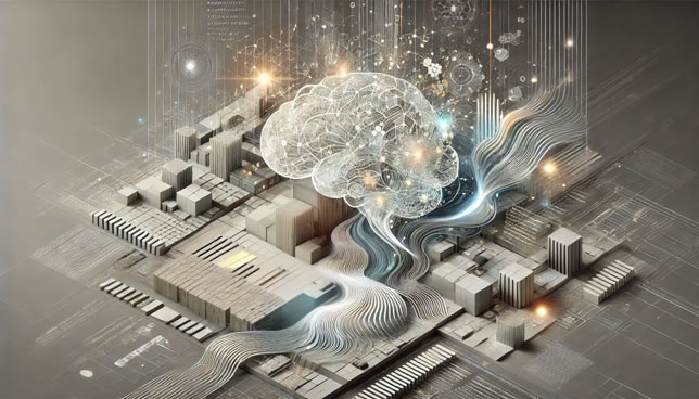 soft-edged digital blocks and AI imagery on a muted background