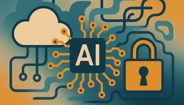 a cloud, an AI chip, and a padlock interconnected by circuit-like lines