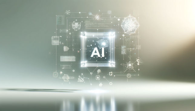  floating digital interface with glowing icons, surrounded by faint geometric shapes