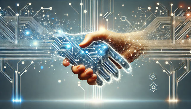 handshake where one hand is human and the other is composed of glowing circuits
