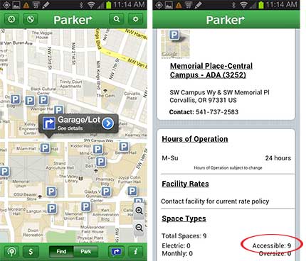 Screen shots of the free Parker app (Android version) showing Oregon State Universitys parking lots and available spots. The shot on the left shows the location of lots and garages; the shot on the right displays data about the lot and the available spots, including the number of accessible parking spots currently available.