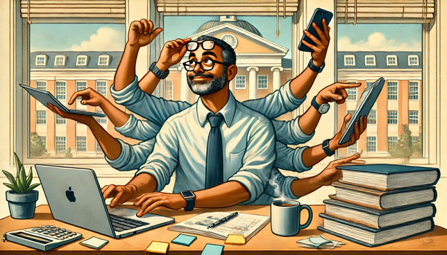 CIO with 10 arms multitasks at a cluttered desk in a university office