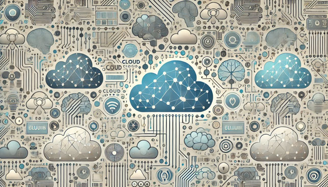 repeating abstract pattern featuring cloud icons, neural network shapes, data streams, and circuit-like elements in muted tones