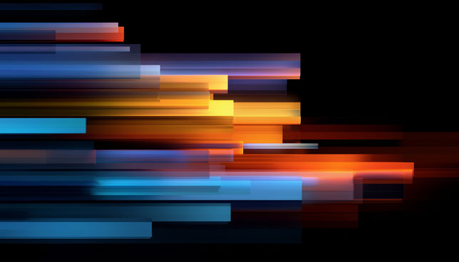 Abstract streaks of colorful light bars over black background