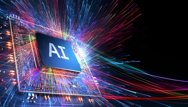 AI word on microchip and colorful light spread