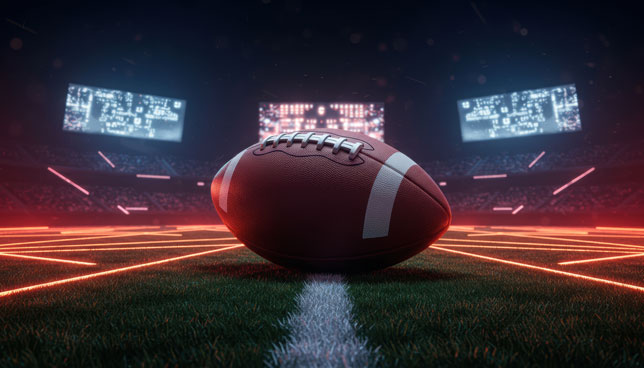 futuristic football stadium with neon lights and large digital signs