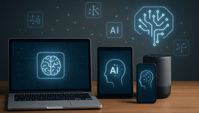 consumer electronic devices—laptop, tablet, smartphone, and smart speaker—on a wooden surface with glowing AI icons hovering above