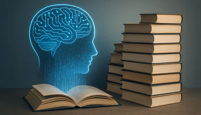 glowing digital brain interacts with an open book, with stacks of books beside it 