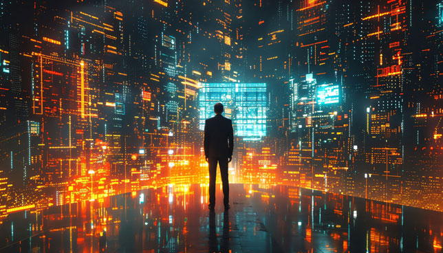 silhouette of business person facing wall of data