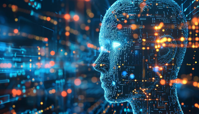 Digital human head surrounded by glowing data visualizations