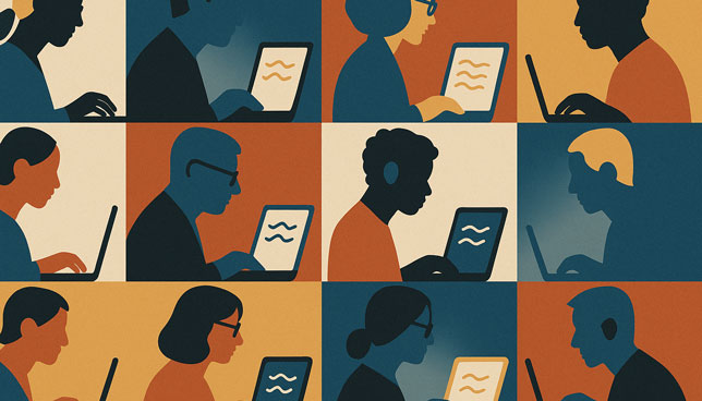 geometric grid of colorful faculty silhouettes using laptops