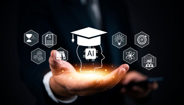 person holding glowing AI icons