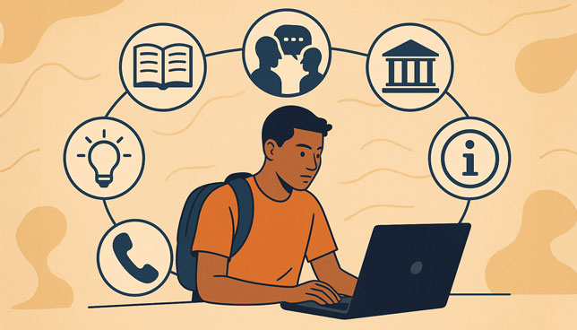 college student working on a laptop, surrounded by icons representing campus support services