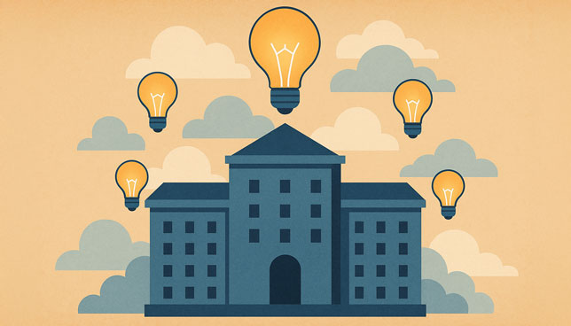 academic building surrounded by clouds and glowing lightbulbs