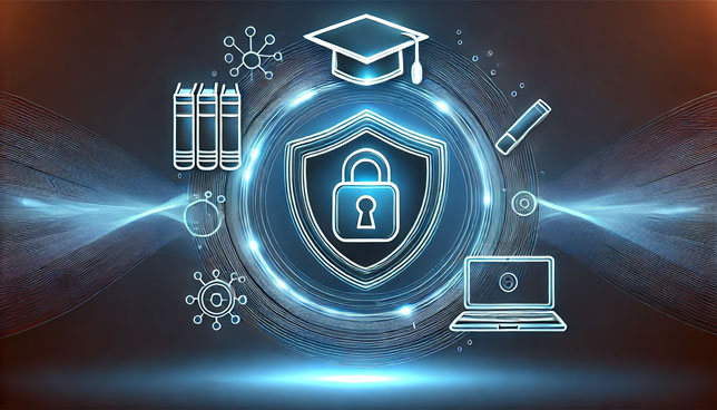 glowing shield with a lock symbol at its center, surrounded by stylized outlines of books, a graduation cap, and a laptop