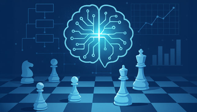 glowing digital brain above a chessboard with data charts and flowcharts