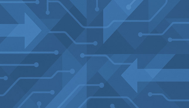 abstract pattern of shapes, arrows and circuit lines