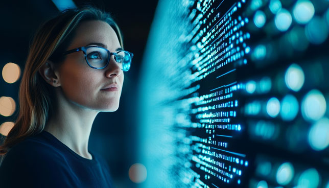 Woman in tech, illuminated by blue data light