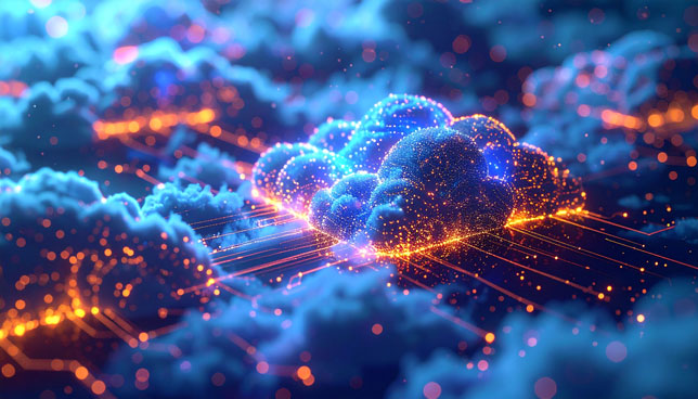 Abstract digital cloudscape of glowing interconnected clouds and radiant lines