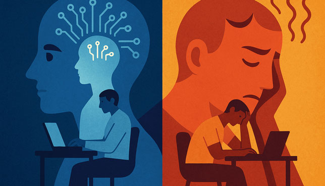 AI-powered individual working calmly on one side and a burnt-out person slumped over a laptop on the other