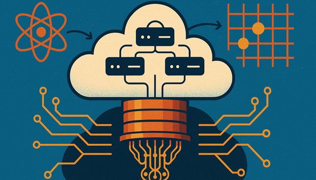 cloud connected to a quantum processor with digital circuit lines and quantum symbols