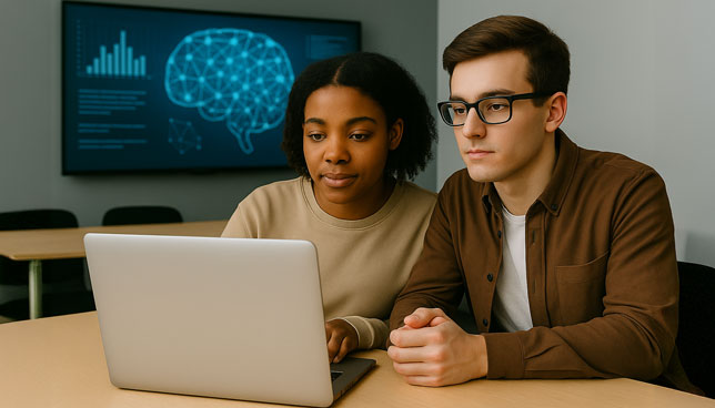 college students in a classroom focus on a silver laptop, with a neural network diagram on the monitor in the background