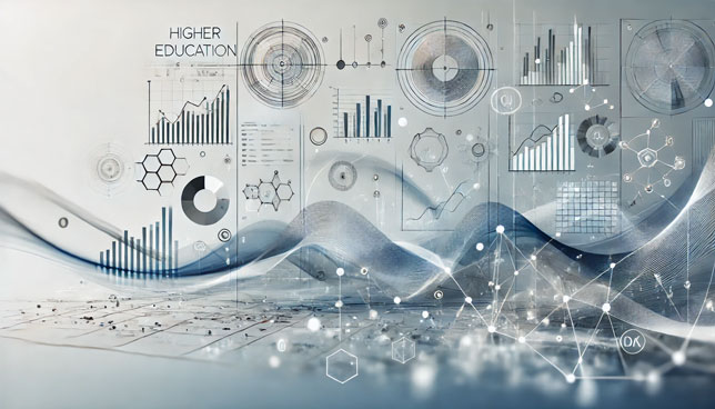 Abstract widescreen image with geometric shapes, flowing lines, and digital elements like graphs and data points in soft blue and white gradients.