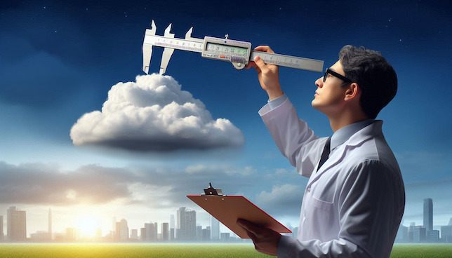 man with clipboard using an instrument to take a measurement of a cloud