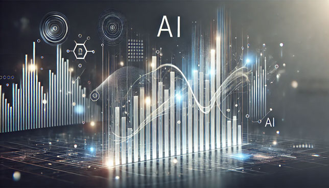 abstract illustration of a glowing AI-themed bar graph on a dark digital background with circuit patterns