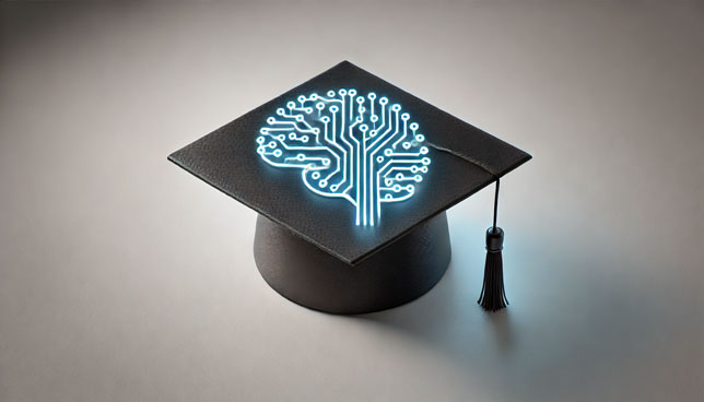  black graduation cap with a glowing blue AI brain circuit symbol on top