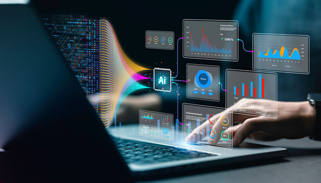 Analyst or Scientist uses a computer and dashboard for analysis of information on complex data sets on computer. 
