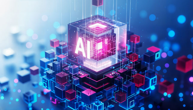 glowing ai text in a digital cube surrounded by data elements
