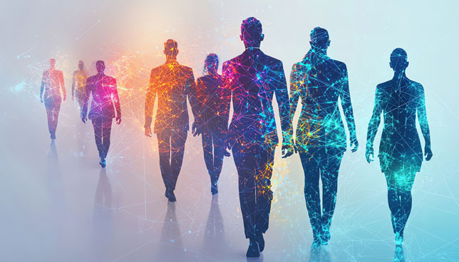 businesspeople in silhouette with colorful network lines