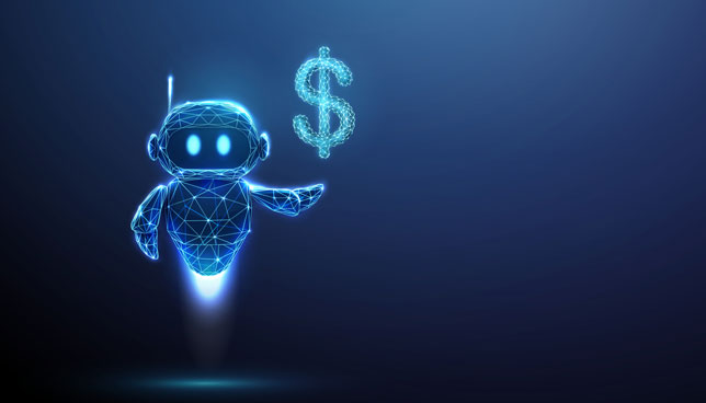3D blue robot holding a dollar sign