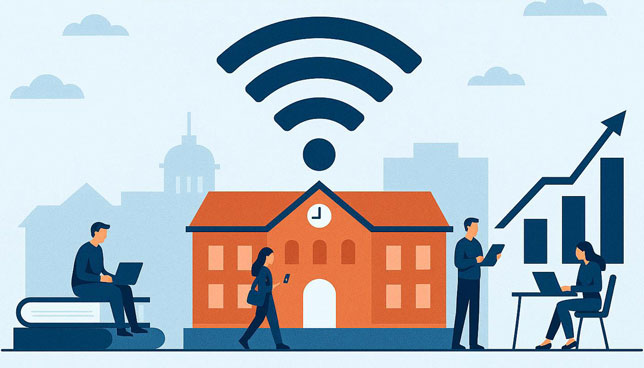 Illustration of campus building with wireless symbol