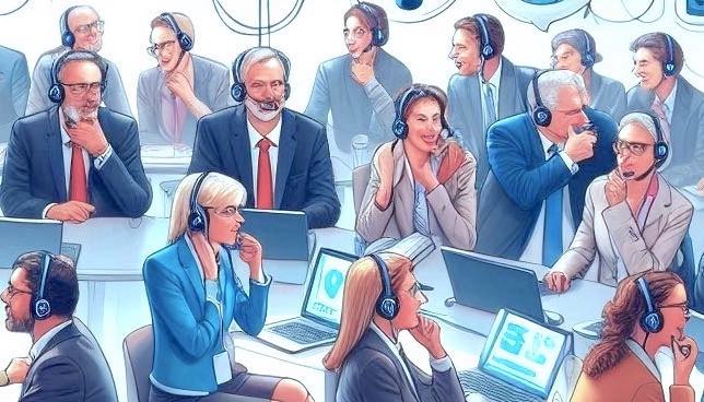 stylized illustration of people conversing on headsets