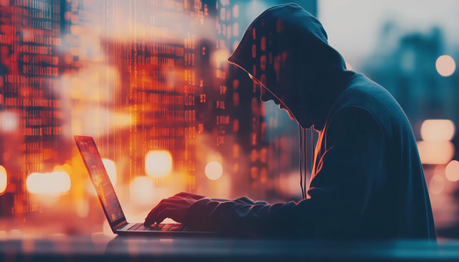 Abstract digital hacker man with a laptop