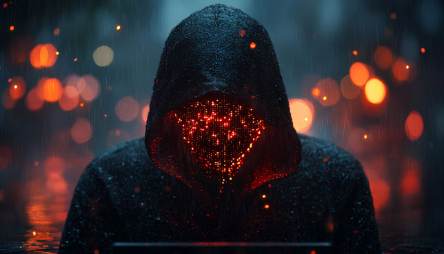 Abstract polygonal hacker with laptop on technology dark background