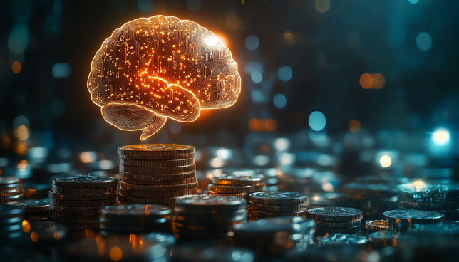 glowing brain above stacked coins