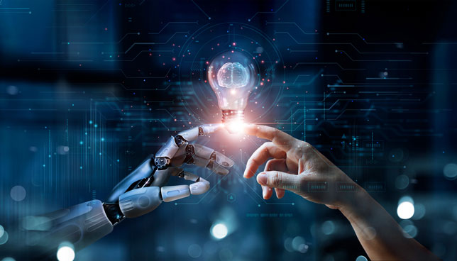 Hands of robot and human touch on big data network