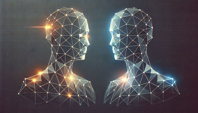 two abstract humanoid figures made of interconnected lines and polygons, glowing slightly against a dark gradient background