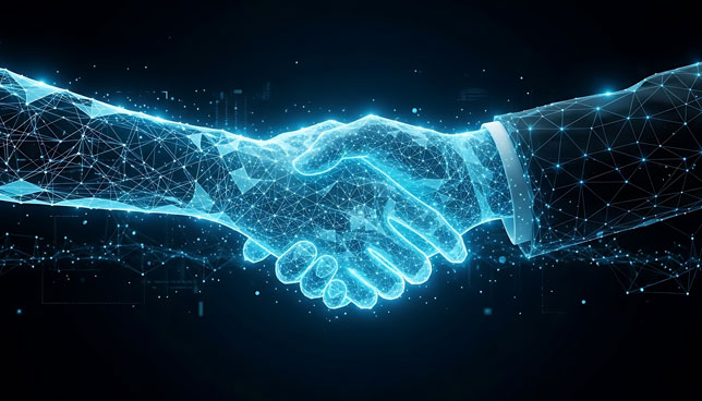 digital partnership handshake with glowing network effect