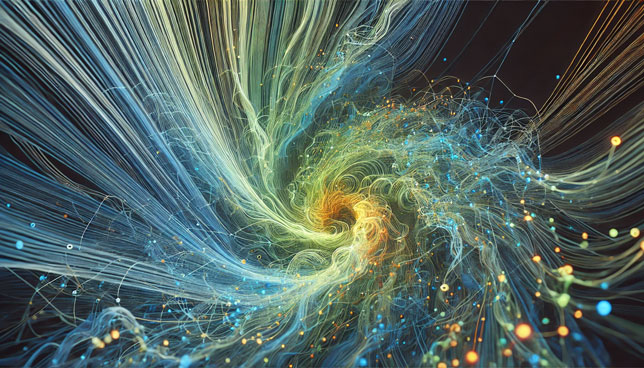 blue, green, and yellow swirling lines of light form a dense, interconnected network