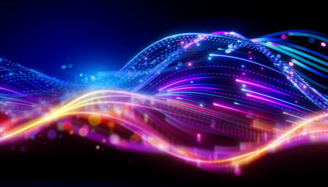 Abstract futuristic background with blurry glowing wave and neon lines